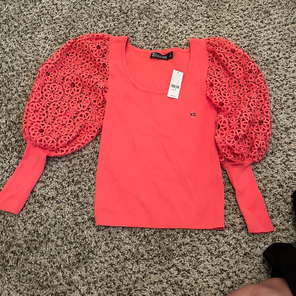 New York & Company Pink Ruffled Fitted Blouse with Sheer Puff Sleeves
